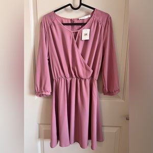 LUSH Faux Wrap Keyhole Casual Dress, Pink, Size S